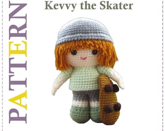 May include: A crochet doll pattern for a skater named Kevvy. The doll is wearing a grey hat, a green shirt, blue pants, and holding a brown skateboard. The pattern is written by Sayjai.