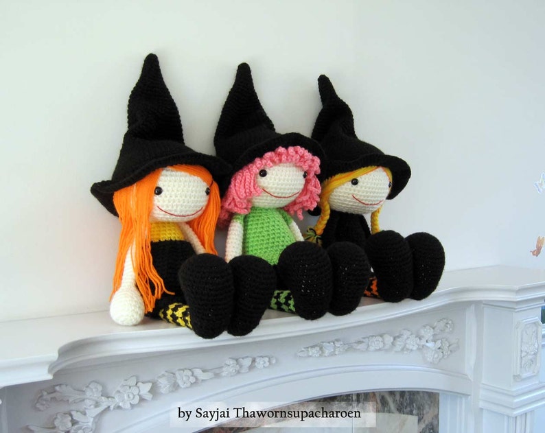 3 Witch Dolls for Halloween. Instant download PDF crochet pattern in English and German. image 2