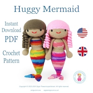 May include: A crochet pattern for making two huggable mermaid dolls. One doll has brown hair and a rainbow tail, the other has pink hair and a pink and purple tail. The pattern is available for instant download as a PDF.