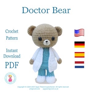 PDF Crochet Pattern, Amigurumi Doctor Beary Bear, English, German, Spanish and Dutch, Instant Download