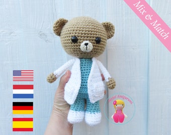 Doctor Beary Bear, Amigurumi Doctor Crochet Pattern, English, German, Spanish and Dutch PDF downloads