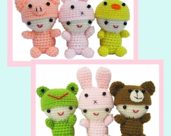 Bebés con lindos gorros de animales, patrones de crochet en inglés y alemán