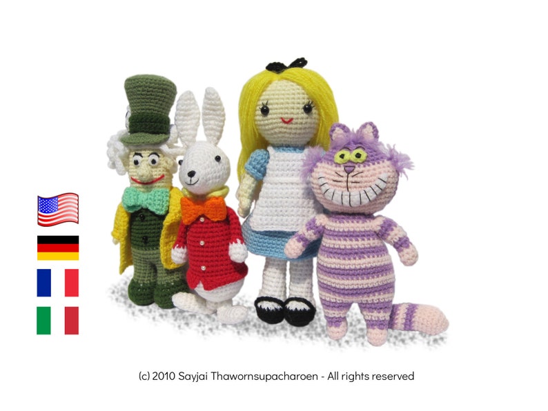 Alice in Wonderland, Mad Hatter, White Rabbit en Cheshire Cat, Amigurumi-poppen PDF haakpatronen in het Engels, Duits, Italiaans en Frans afbeelding 1