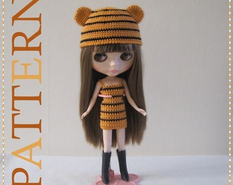 Tiger Hat and Dress for a doll, PDF crochet pattern in English