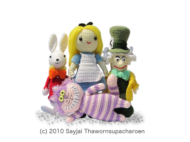 Alice in Wonderland, Mad Hatter, White Rabbit and Cheshire Cat, Amigurumi dolls PDF crochet patterns in English, German, Italian and French image 5