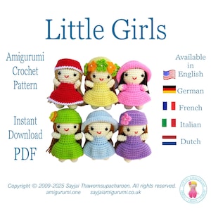 May include: Six crocheted amigurumi dolls in different colors, including red, yellow, pink, green, blue, and purple. Each doll has a different hairstyle and a flower on their head. The dolls are arranged in a row, with the text "Little Girls" above them and "Amigurumi Crochet Pattern" below them.