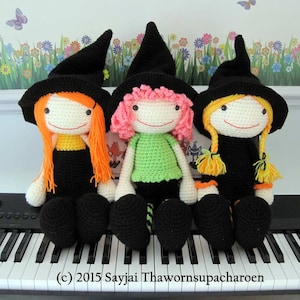 3 Witch Dolls for Halloween. Instant download PDF crochet pattern in English and German.