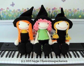 3 Witch Dolls for Halloween. Instant download PDF crochet pattern in English and German.