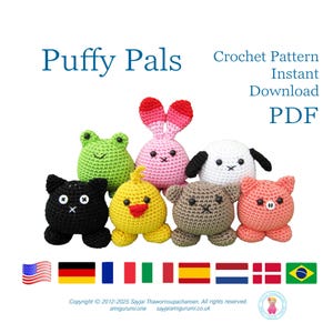 PDF Crochet Pattern, Amigurumi Puffy Pals: Bear, Dog, Duck, Pig, Frog, Rabbit and Cat - English, Spanish, German and 5 other languages.