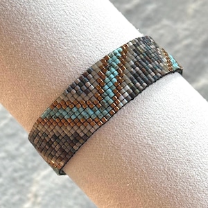 Handwoven Seed Bead Loom Bracelet: Earth Tone Turquoise & Gold