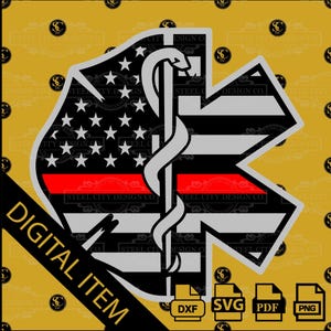 Cruz de Malta y Estrella de la Vida con Bandera de EE. UU. Línea roja delgada / Diseño de descarga digital para bomberos y servicios médicos de emergencia