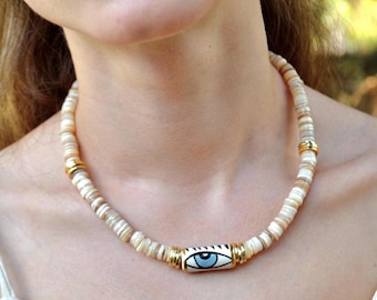 Evil Eye Shell Necklace, Beaded Shell Necklace, Minimalist Necklace, Protection Necklace, Gold Beaded Necklace, Gift for Her