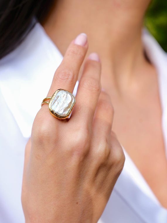 Baroque Pearl Ring, 15x20mm Freshwater Pearl, Adjustable Gold Ring, Handmade Pearl Jewelry, Bridal Ring, Wedding Jewelry, Fine Jewelry