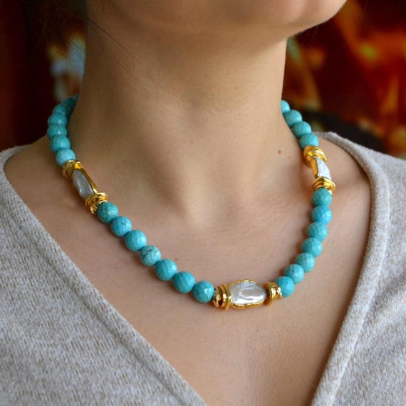 Baroque Pearl Turquoise Necklace, Gold Statement Beaded Necklace, Natural Gemstone Jewelry, Elegant Summer Gift