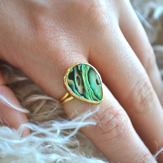 Teardrop Abalone Shell Ring, Ocean Inspired Adjustable Statement Jewelry, Unique Gift for Her