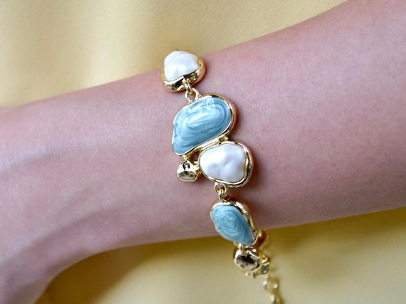 Gold Plated Blue Gemstone & Pearl Bracelet, Handmade Baroque Pearl Statement Jewelry Gift for Her