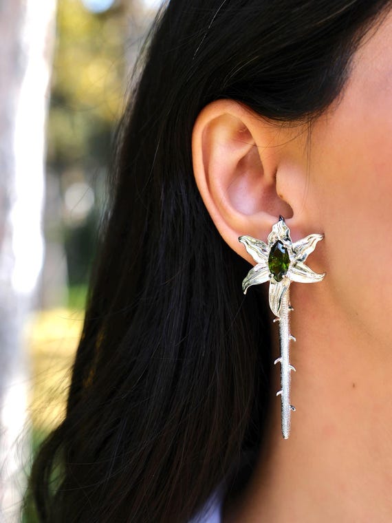 Handmade Boho Earrings,Unique Nature Inspired Jewelry with Green Gemstone,Silver Statement Earrings,  Vintage Jewelry