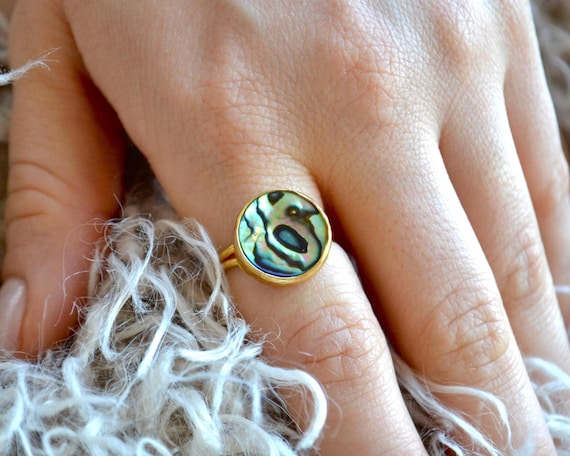 Round Abalone Shell Ring, Ocean Inspired Adjustable Statement Jewelry, Unique Gift for Her