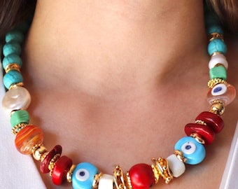 Collar de perlas turquesas con ojo turco, collar de cuentas coloridas, joyería de verano, collar llamativo estilo bohemio, regalo para ella.