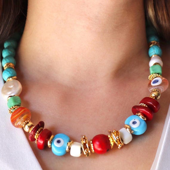 Boho Evil Eye Necklace , Colorful Beaded Statement Necklace with Turquoise, Pearl & Gold Accents – Summer Beach Jewelry Gift, Gift for Her