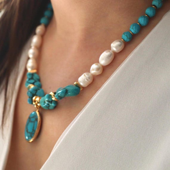 Turquoise Pearl Necklace, December Birthstone Jewelry, Baroque Pearl Pendant, Boho Ocean Inspired Necklace, Handmade Gift for Her