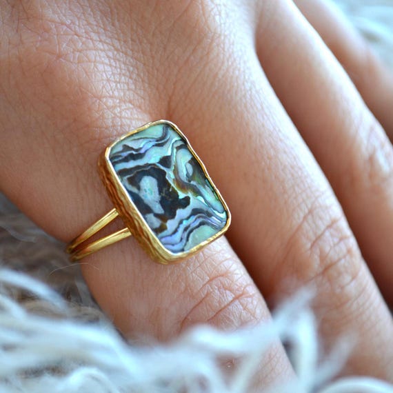 Abalone Shell Rectangle Ring, Ocean Inspired Gold Tone Jewelry, Adjustable Statement Piece, Minimal Gift for Her