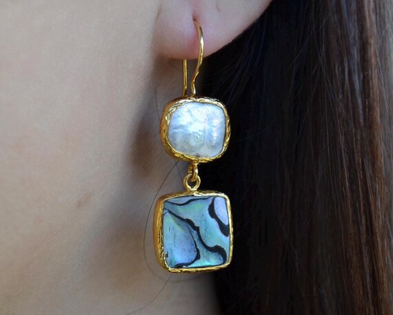 Abalone Shell & Pearl Square Drop Earrings, Ocean Inspired Gold Tone Jewelry, Handmade Gift for Her, Minimal Statement Style