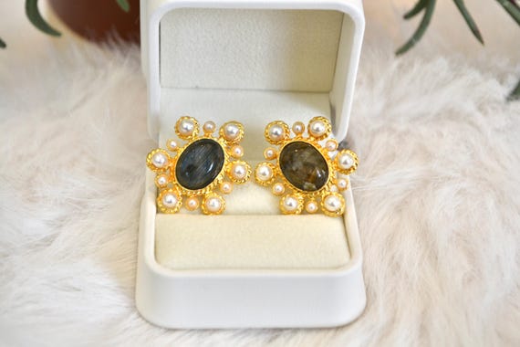 Labradorite Pearl Statement Stud Earrings, Vintage Gold Cluster Design, Bridal Wedding Jewelry, Elegant Art Deco Style Gift for Her