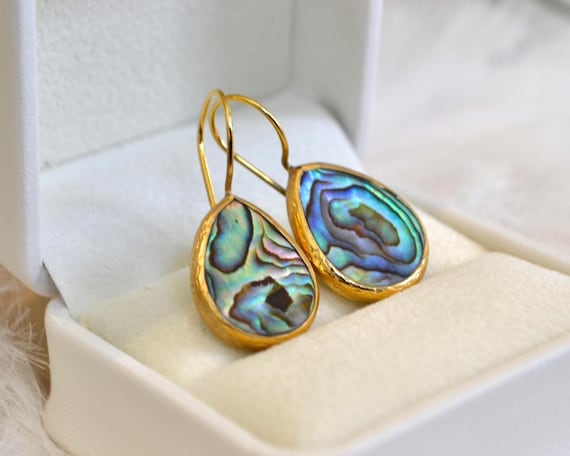 Abalone Shell Teardrop Earrings, Gold Plated Drop, Iridescent Ocean Glow, Minimal Boho Jewelry, Gift for Her
