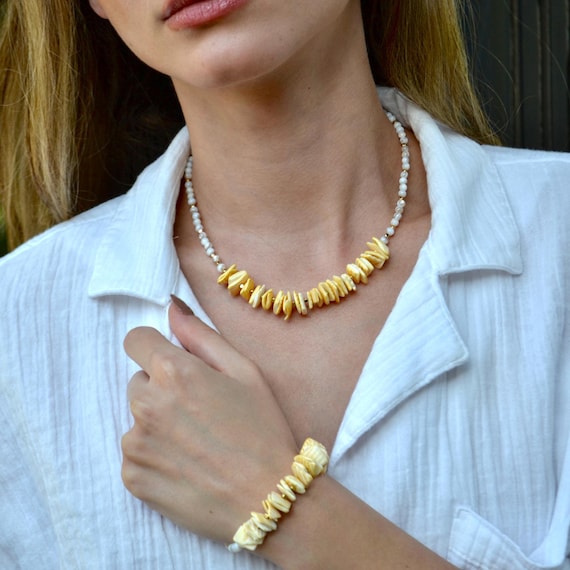 Pearl Necklace and Bracelet Set, Boho Summer Jewelry, Handmade Beach Style Gift for Her