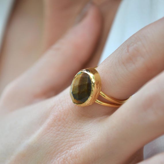 Tiger’s Eye Adjustable Ring, Natural Stone Jewelry, Handmade Boho Style, Gold Oval Statement Ring Gift for Her