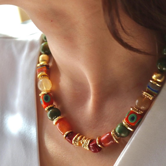 Gemstone Beaded Necklace: Handmade Rutilated Quartz, Carnelian, Jade & Evil Eye Boho Statement Jewelry