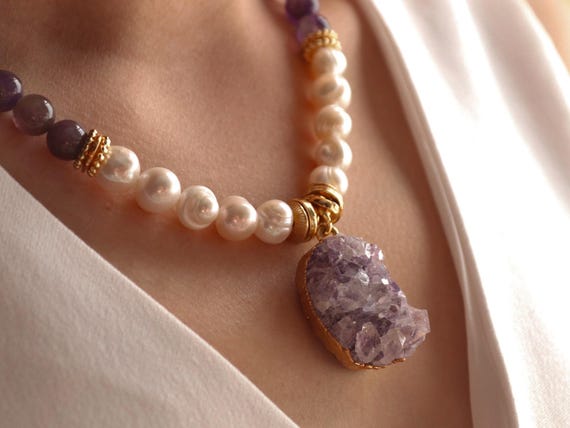Amethyst Pearl Choker Necklace: Handmade February Birthstone Jewelry, Boho Statement Gift, Gemstone Necklace