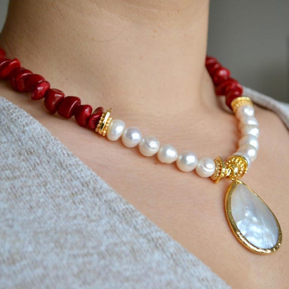 Red Coral & Pearl Teardrop Pendant Necklace, Gold Tone Mother of Pearl Charm, Elegant Statement Jewelry, Natural Gemstone Gift for Her