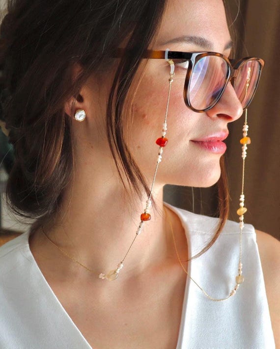 Amber & White Beaded Glasses Chain, Gold Eyewear Holder, Handmade Sunglass Strap, Boho Accessory Gift for Her