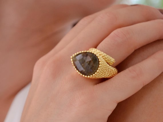 Teardrop Labradorite Ring, 22K Gold Plated Statement Adjustable Gemstone Jewelry
