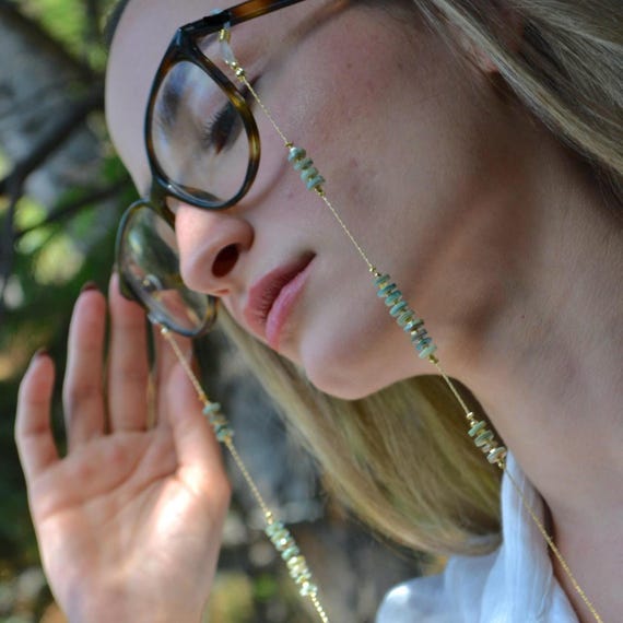 Green Gemstone Eyeglass Chain, Gold Glasses Strap ,Handmade Boho Eyewear Accessory ,Gift for Women