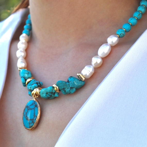 Turquoise & Baroque Pearl Necklace,December Birthstone Pendant,Boho Statement Jewelry Gift for Her,Turquoise Pendant Necklace, Fine Jewelry