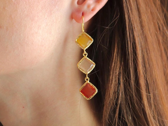 Colorful Gemstone Drop Earrings · Yellow Agate Carnelian Jewelry · Gold Boho Statement Earrings · Handmade Gift for Her