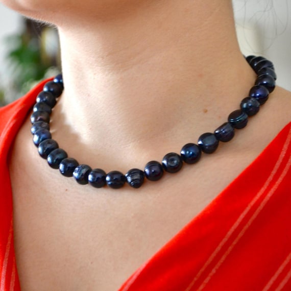 Black Pearl Necklace, Dark Freshwater Pearl Choker, Minimal Elegant Beaded Jewelry, Classic Gift for Her