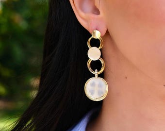 Mother of Pearl Drop Earrings, Gold Dangle Earrings, Elegant Pearl Statement Earrings, Bridal Earrings, Minimalist Boho Jewelry