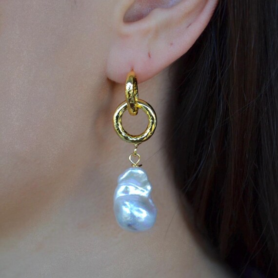 Baroque Pearl Drop Earrings, Gold Link Hoop Dangles, Bridal Wedding Jewelry, Irregular Freshwater Pearl Statement Gift for Her