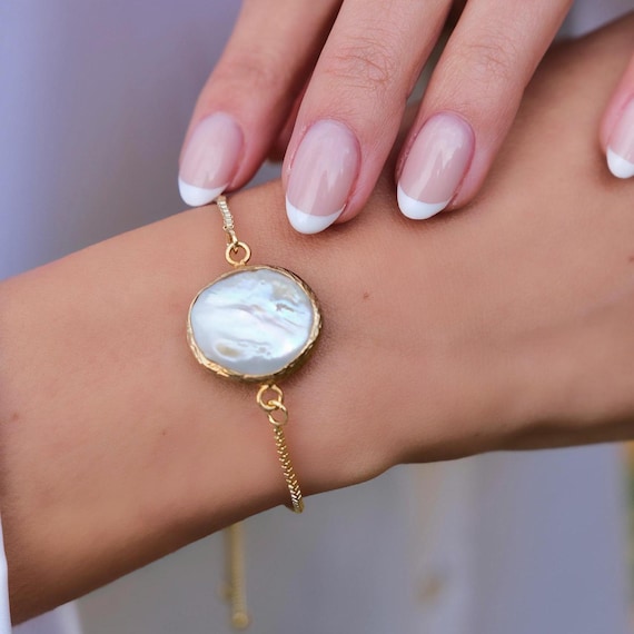Pearl Bracelet: Adjustable Gold Plated Bangle, Handmade Bridal Jewelry, Freshwater Statement Pearl