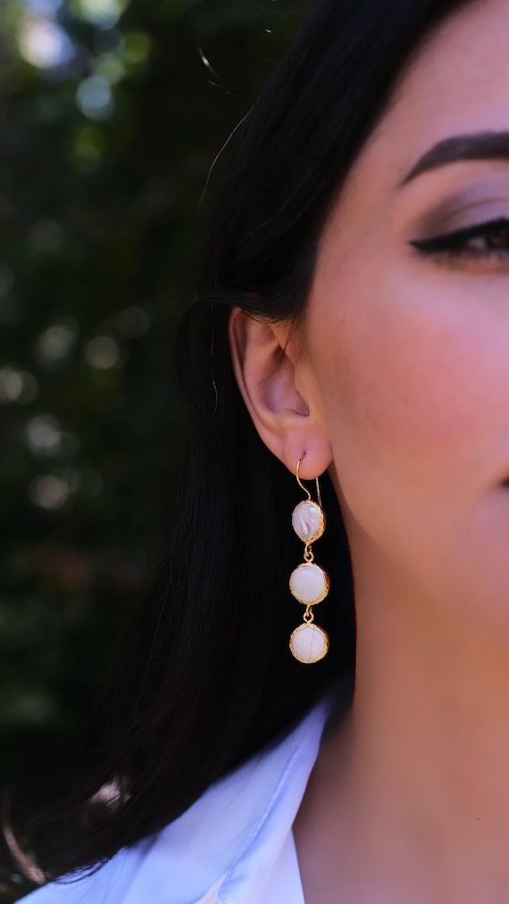 Long 3 Layers Pearl Earrings, Freshwater Coin Pearl Trends, Perfect Gift For Her, Natural Pearl Earring, Long Dangle Pearl Drop Earrings