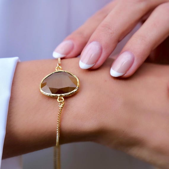 Tigers Eye Bracelet Gold Chain, Faceted Gemstone Adjustable Dainty Jewelry Gift for Her