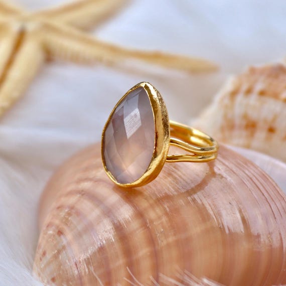 Moonstone Teardrop Ring, 22K Gold Plated Adjustable Gemstone Ring, Handmade Boho Statement Jewelry, Elegant Gift for Her