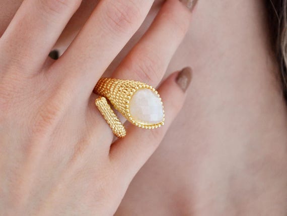 Gold Plated Moonstone Ring, Adjustable Teardrop Gemstone Jewelry, Elegant Boho Gift for Her