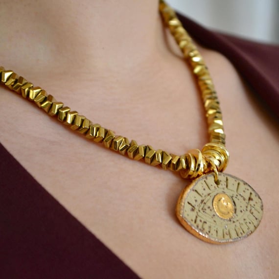 Gold Beaded Statement Necklace, Geometric Hematite Choker with Coin Pendant, Chunky Modern Jewelry, Bold Gift for Her