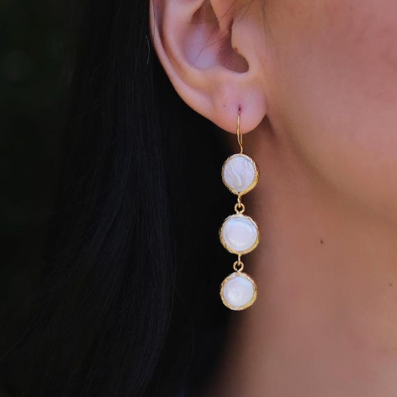 Long Pearl Drop Earrings, 22K Gold Plated Statement Earrings, Handmade Elegant Gift for Her