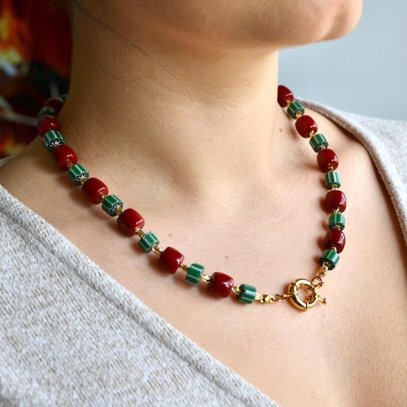 Red Green Beaded Necklace, Gold Accent Statement Choker, Chunky Colorful Stone Jewelry, Bold Handmade Gift for Her